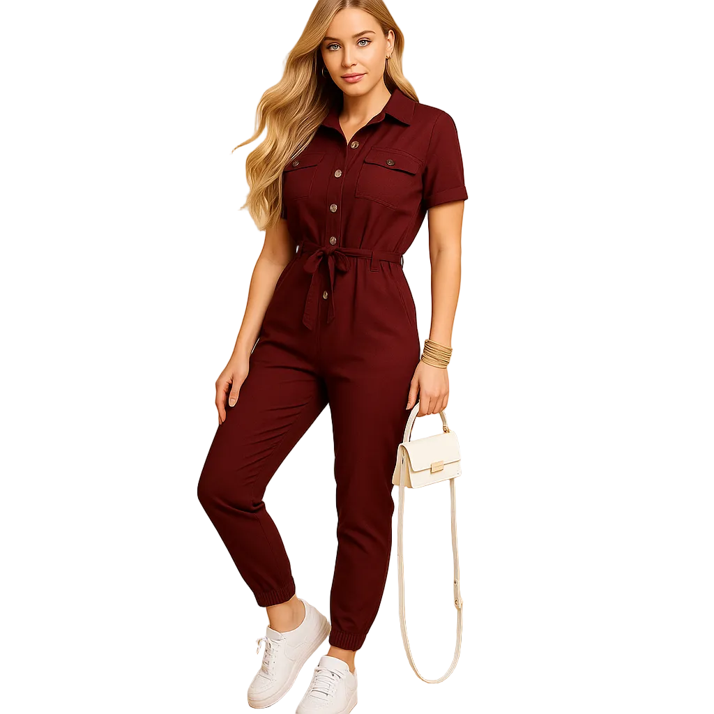 Tailored jumpsuit for women with button closure and flattering silhouette, perfect for work, social events, and elegant dinners.