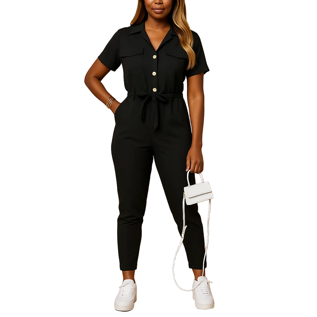 Tailored jumpsuit for women with button closure and flattering silhouette, perfect for work, social events, and elegant dinners.