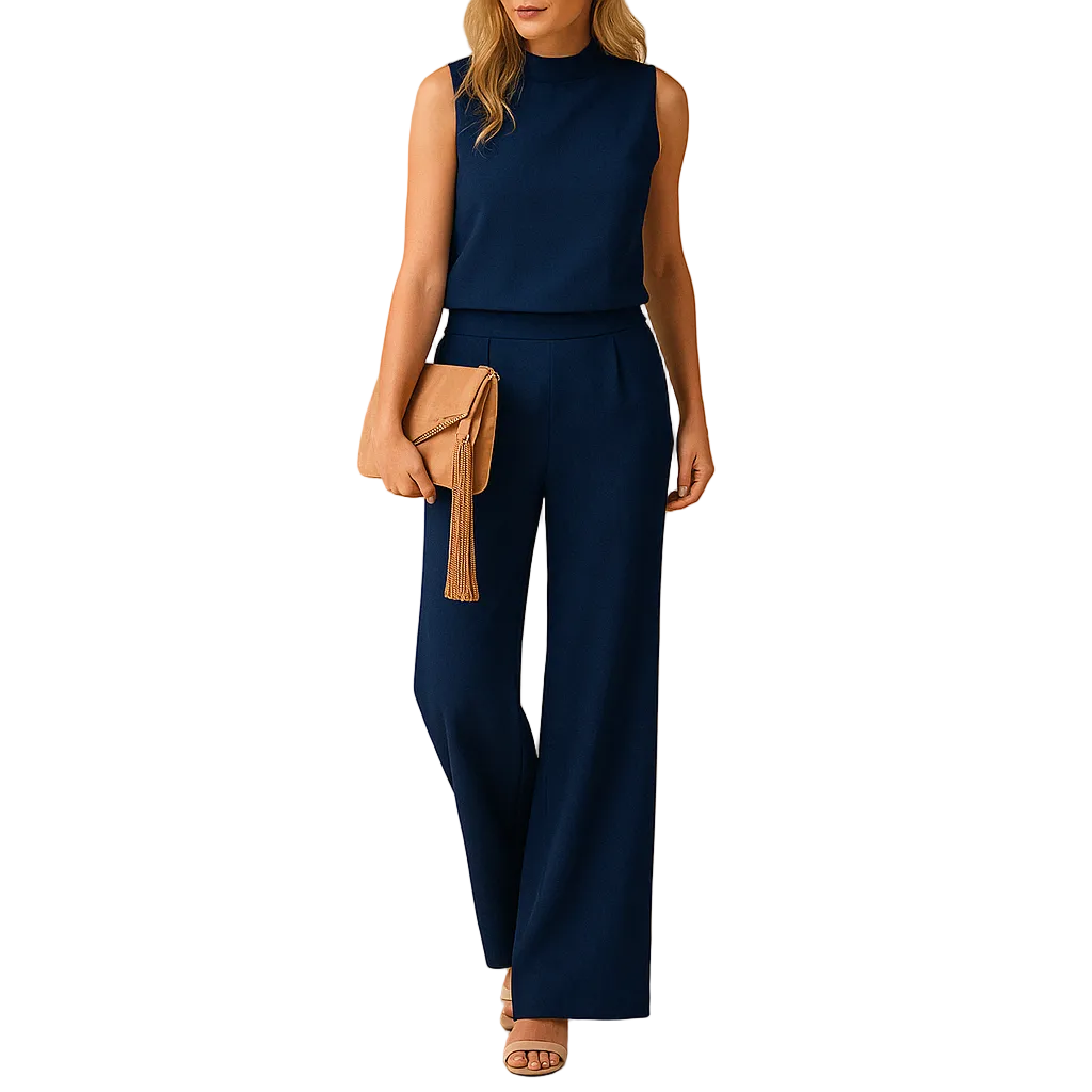 Wide-leg elegant jumpsuit for women with round neckline and mid-waist fit, perfect for work, evening wear, and special occasions.