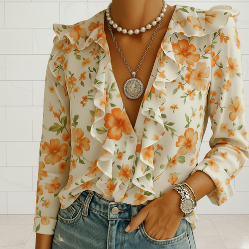 Women's butterfly print ruffle blouse with long sleeves front view