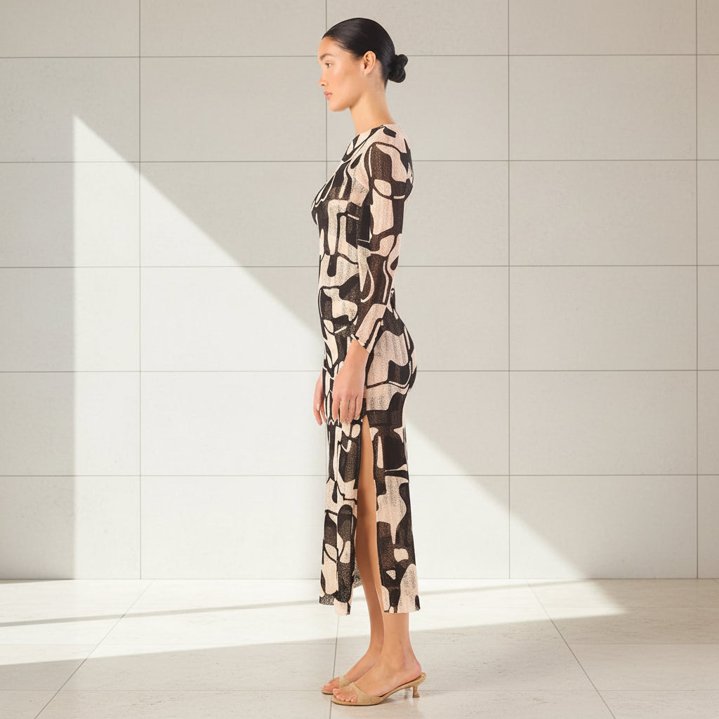 Women's marble print knit midi dress back view