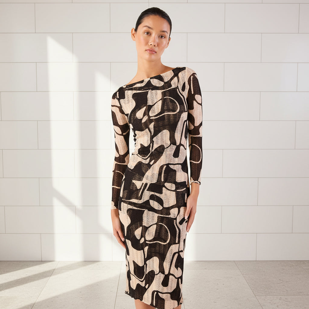 Women's marble print knit midi dress front view