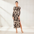 Women's marble print knit midi dress with long sleeves and high neckline main image