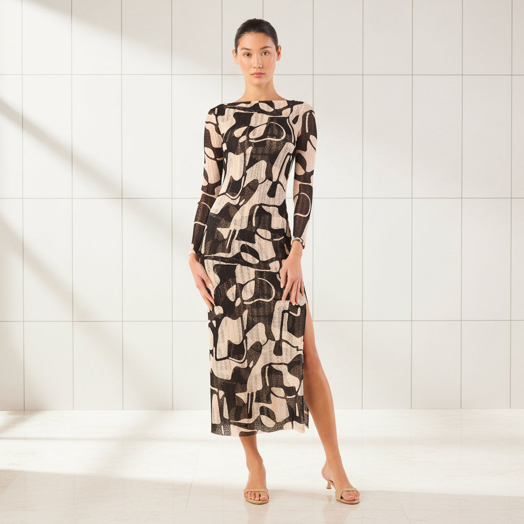 Women's marble print knit midi dress with long sleeves and high neckline main image