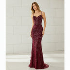 Women's off shoulder sequin embroidered mermaid gown with stretch satin fabric main image