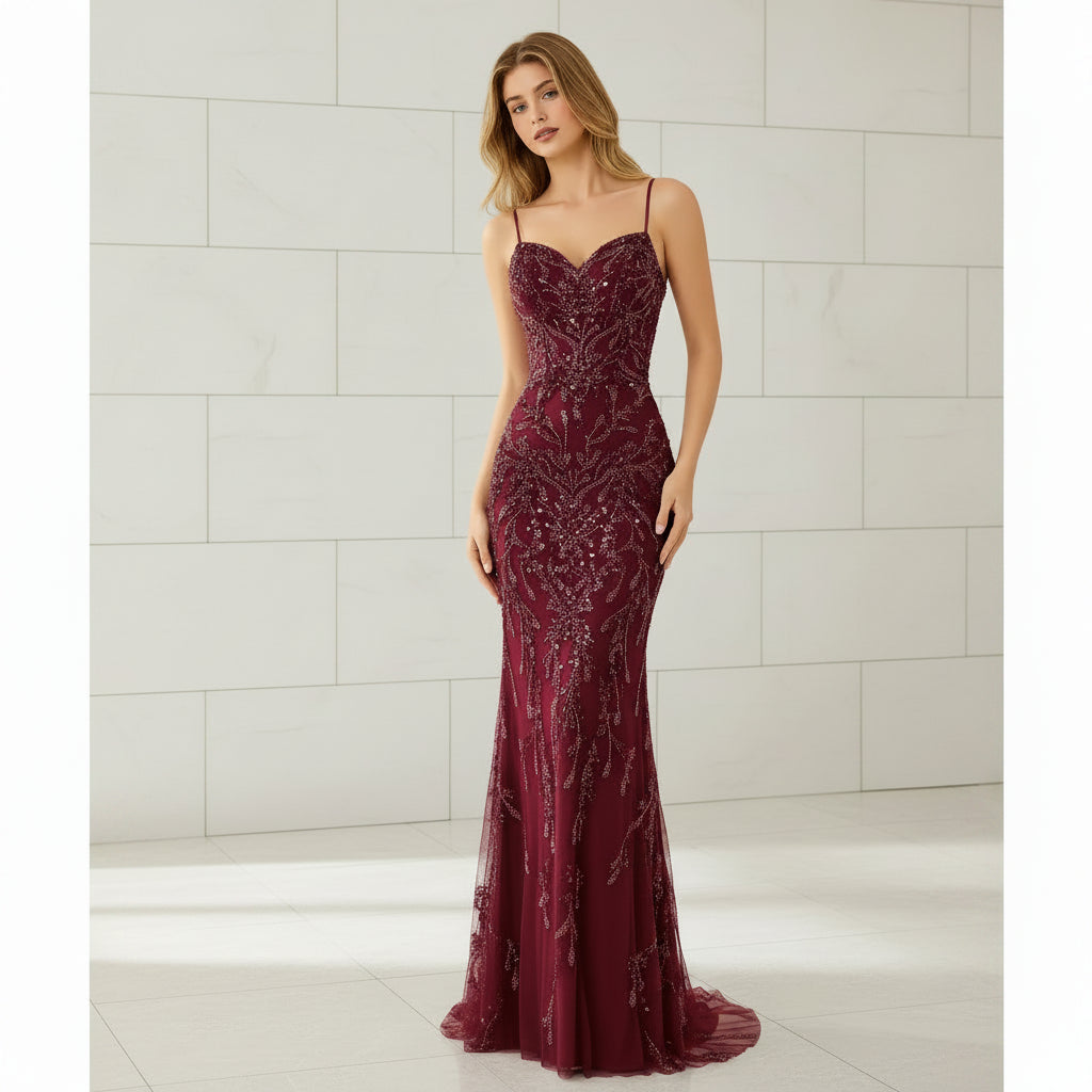 Women's off shoulder sequin embroidered mermaid gown with stretch satin fabric main image