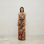 Women's printed mesh halter maxi dress front view