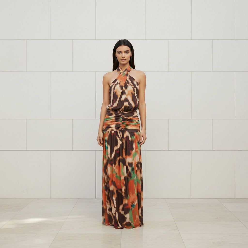 Women's printed mesh halter maxi dress front view