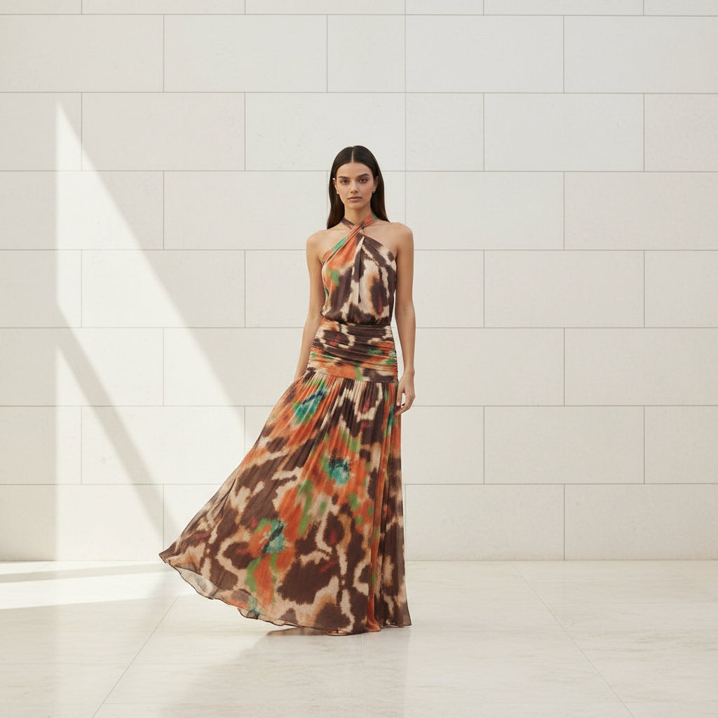 Women's printed mesh halter maxi dress main image