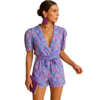 Women's printed short jumpsuit with belted waist for summer wear side profile