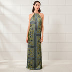 Women's scarf print satin halter maxi dress front