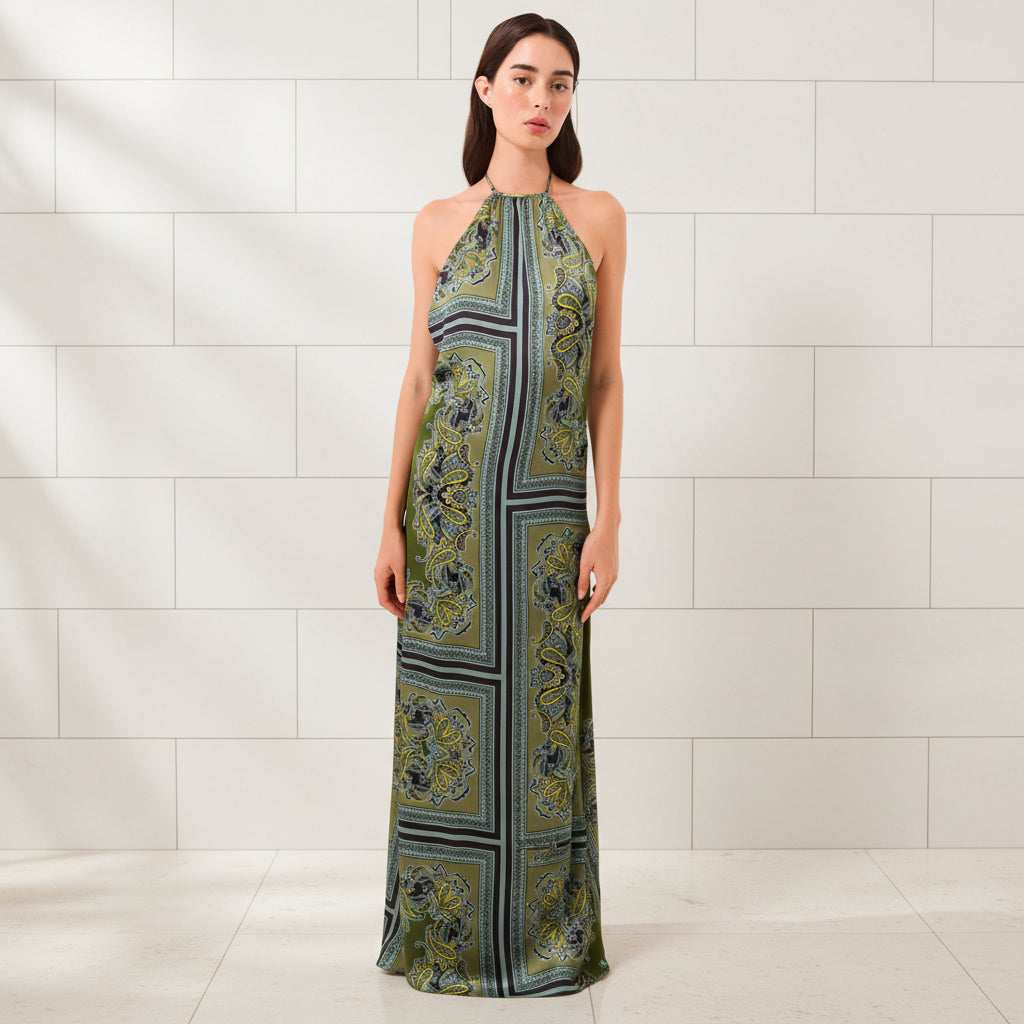 Women's scarf print satin halter maxi dress front