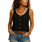Women's sleeveless V neck summer blouse for everyday wear angled view