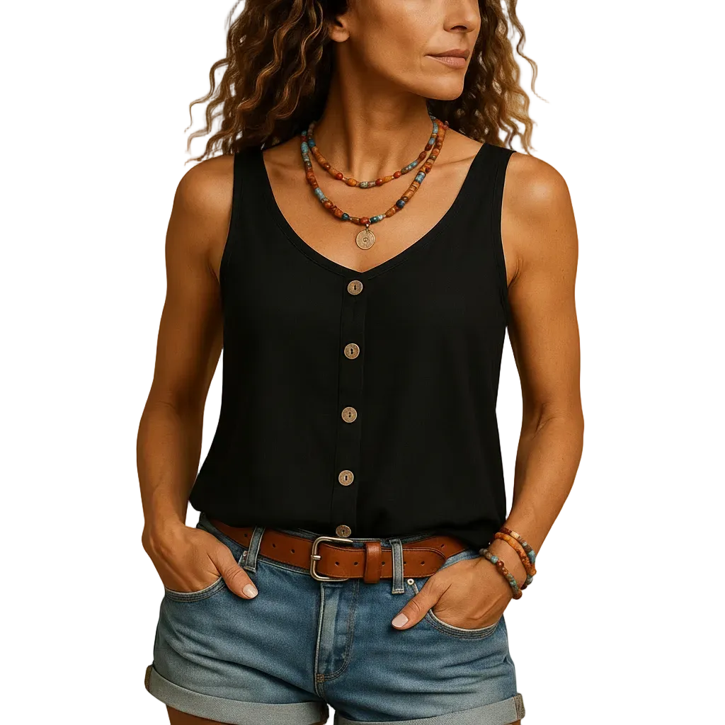 Women's sleeveless V neck summer blouse for everyday wear angled view