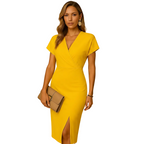 Midi length silhouette on women's V neck dress