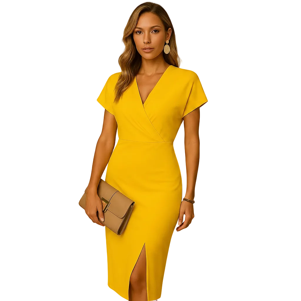 Midi length silhouette on women's V neck dress