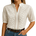 Women's white button front blouse for work and everyday wear back view
