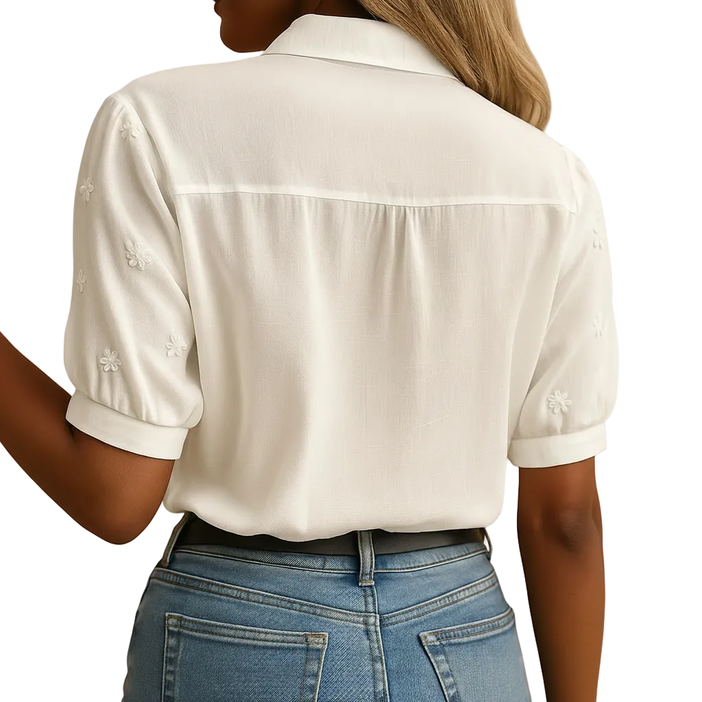 Women's white button front blouse for work and everyday wear angled view