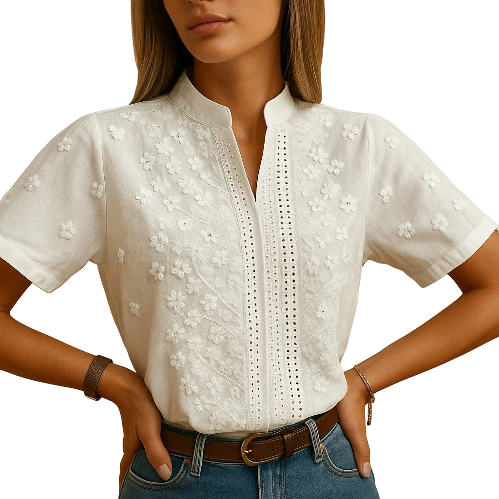 Women's white button front blouse for work and everyday wear side profile