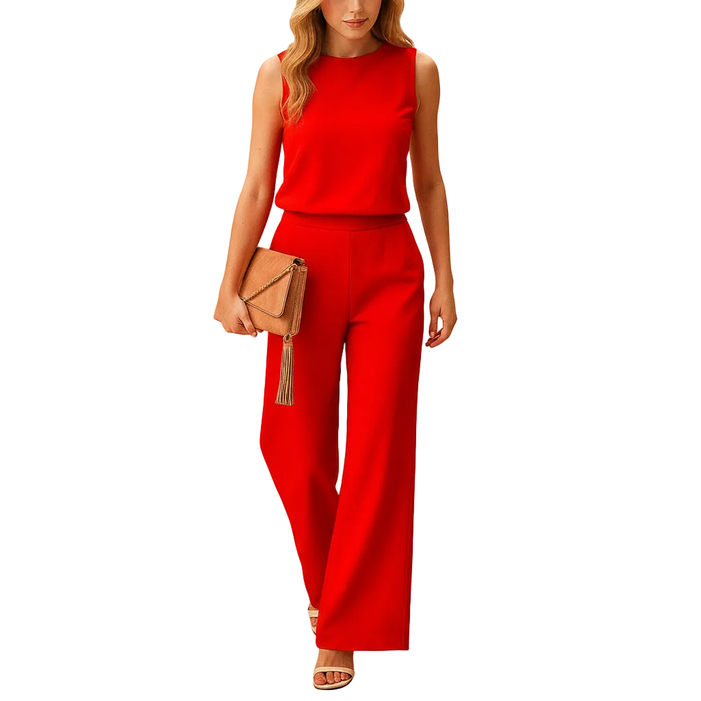 Women's wide leg jumpsuit with round neck for work and events back view