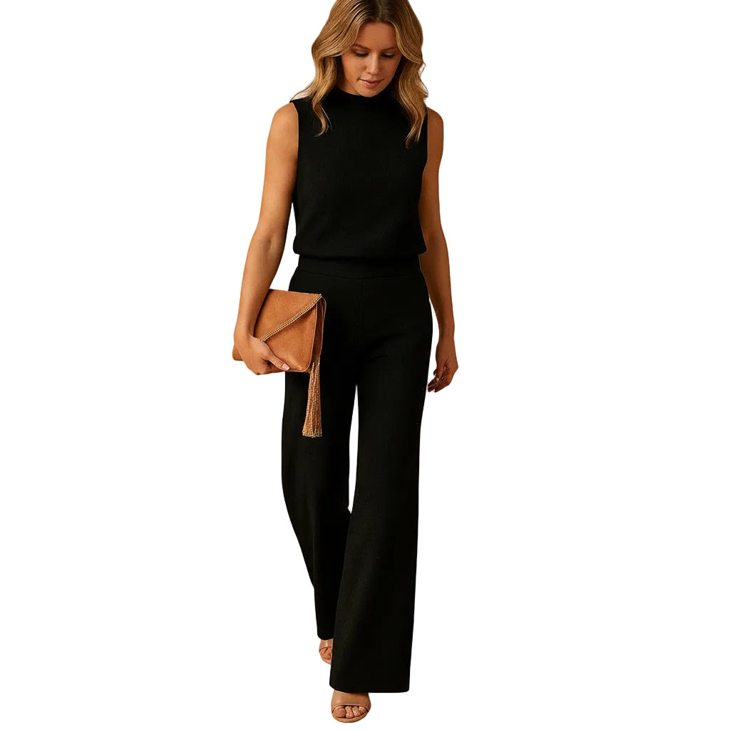 Women's wide leg jumpsuit with round neck for work and events side profile