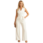Women's wrap front wide leg jumpsuit for formal and business wear side profile