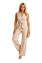 Wrap front detail on women's wide leg jumpsuit